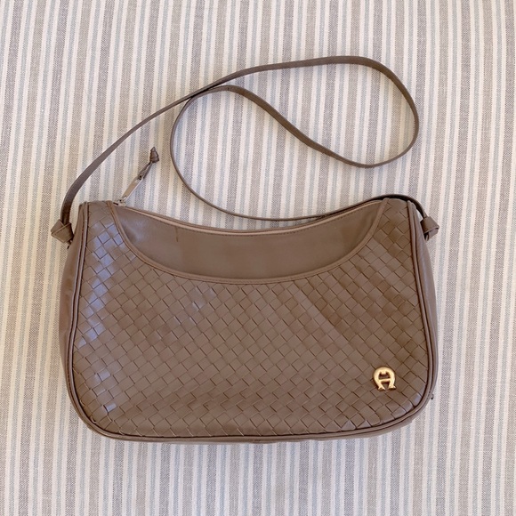 Etienne Aigner Bags Leather Woven Shoulder Bag Medium Taupe Beige Brown Designer Etienne